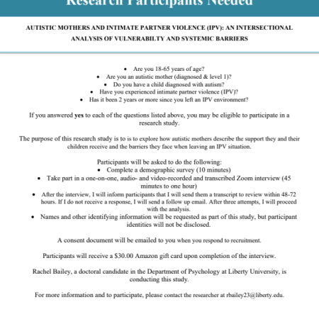 ATTENTION AUTISTIC MOTHERS: I am conducting research for a PhD in Psychology at Liberty University. The purpose of my research is to is to explore how autistic mothers describe the support they and their children receive and the barriers they face when leaving an IPV situation. To participate, you must be between 18-65 years of age, an autistic mother (diagnosed & level 1), have a child diagnosed with autism, have experienced intimate partner violence (IPV), two years or more since you left an IPV environment, and live in the United States.. Participants will be asked to complete a demographic survey and take part in a one-on-one, audio- and video-recorded Zoom interview, which should take about 45 minutes to one hour to complete. After the interview, I will inform participants that I will send them a transcript to review within 48-72 hours. If I do not receive a response, I will send a follow up email. After three attempts, I will proceed with the analysis. If you are interested and eligible to participate, please contact the researcher at rbailey23@liberty.edu. Consent information will be emailed to you when you respond to recruitment. After the interview, participants will receive a $30.00 Amazon gift card.